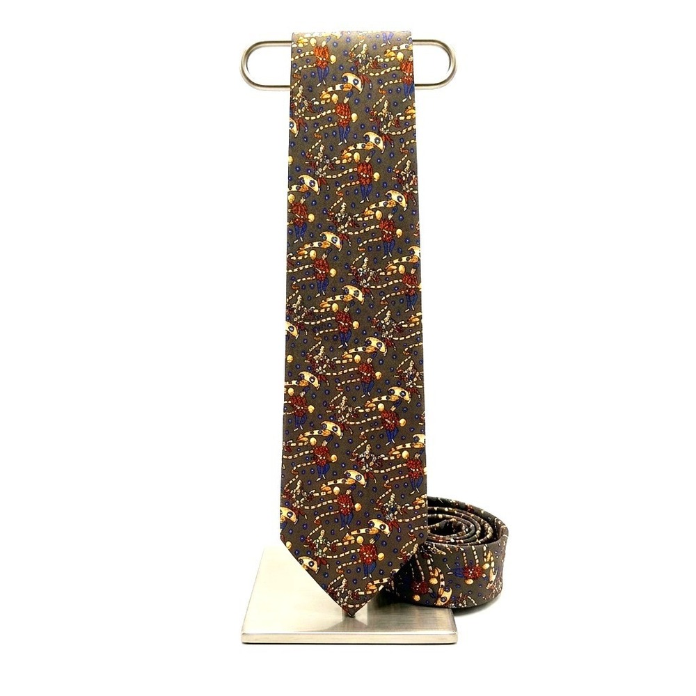 Kieselstein-Cord Mens Silk Tie Brown Renaissance Jester Figural Made in Italy